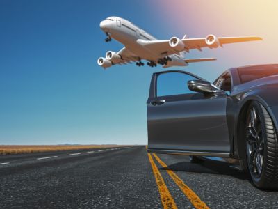 Side view of a luxury sports car and a runway with an airplane behind it, background, sky. 3d render and illustration.